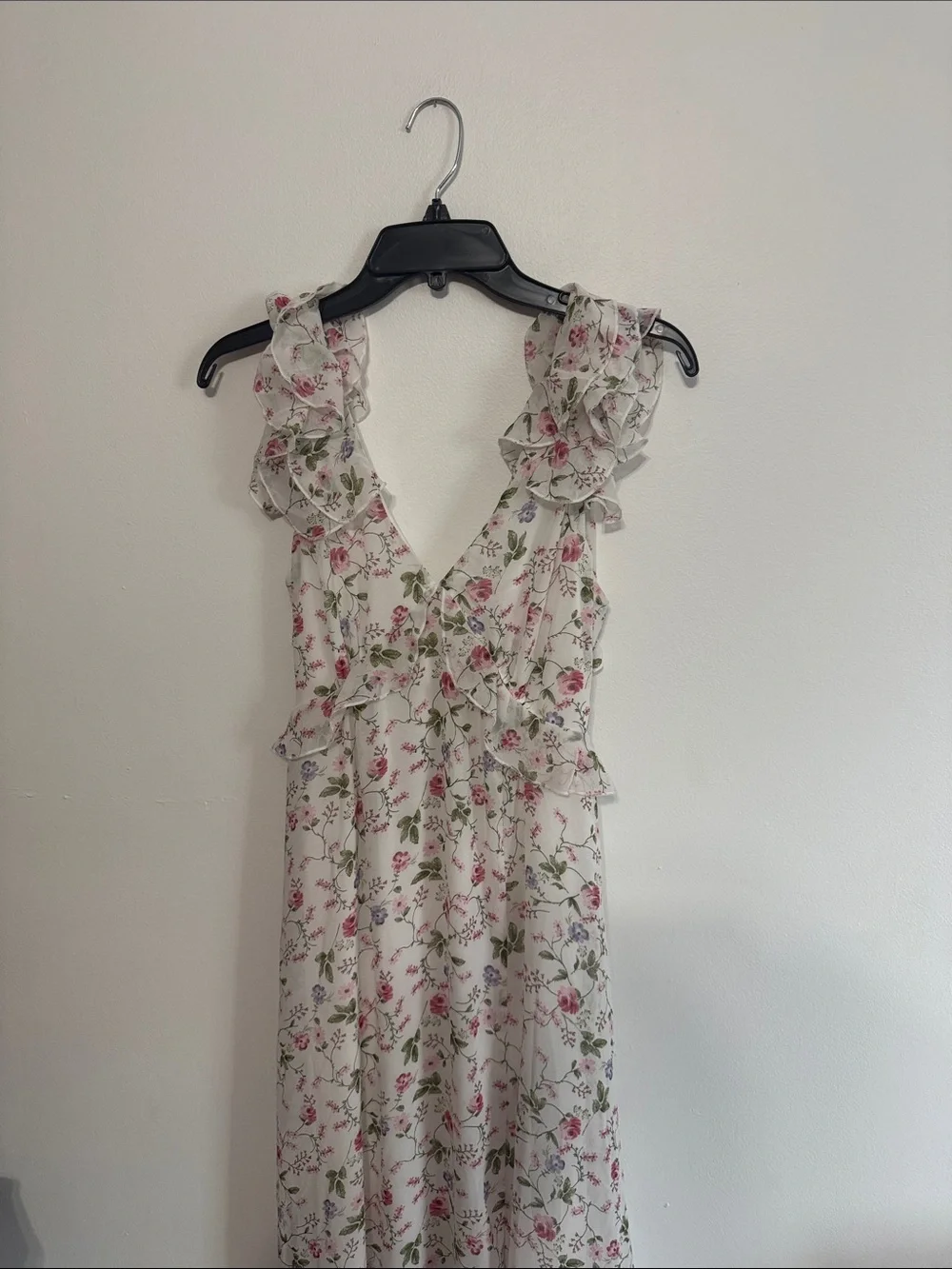 Audrey Parks Floral Ruffle V-Neck Maxi Dress in White with Pink & Green Print